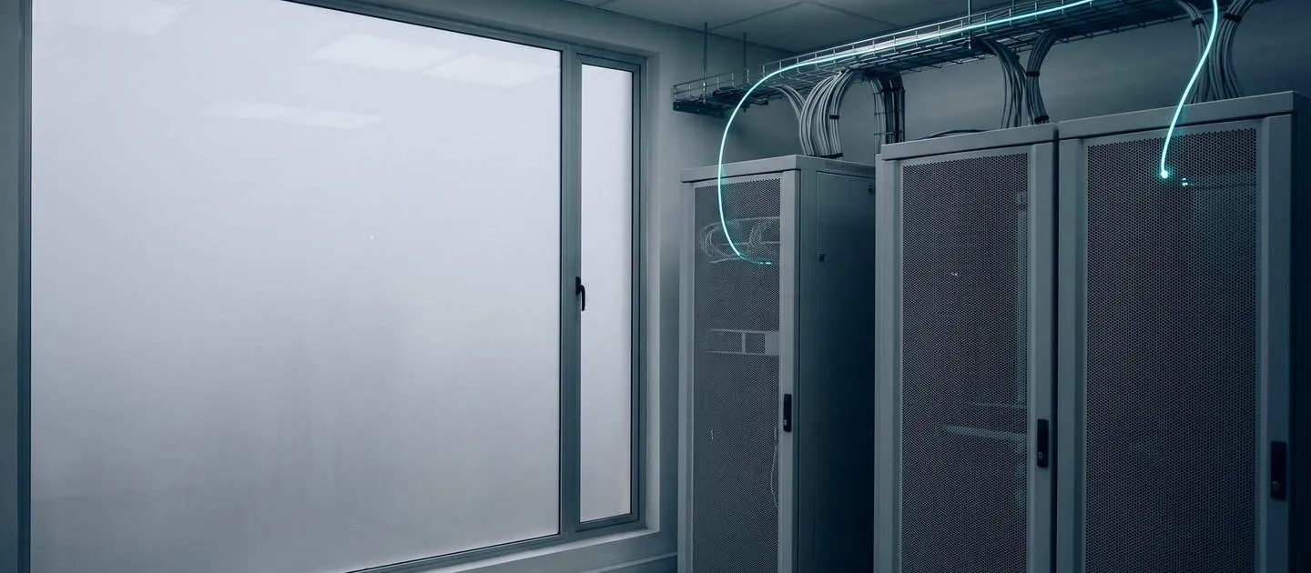 Gabinetes de red junto a una ventana, con el cableado que entra desde el techo
