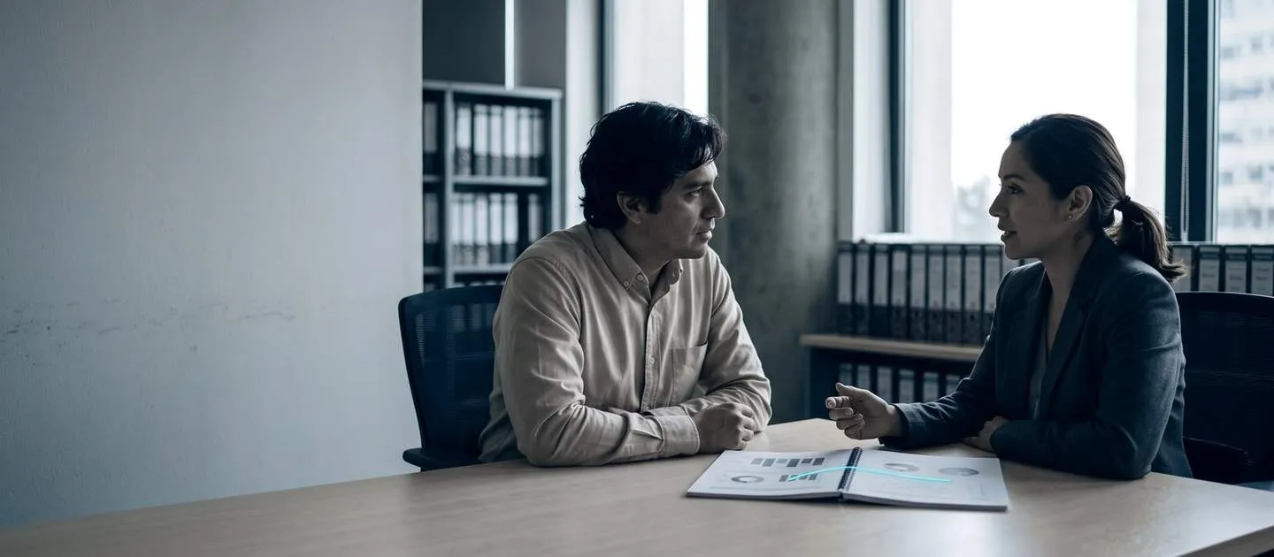 Dos profesionales conversan en una oficina con carpetas de documentos