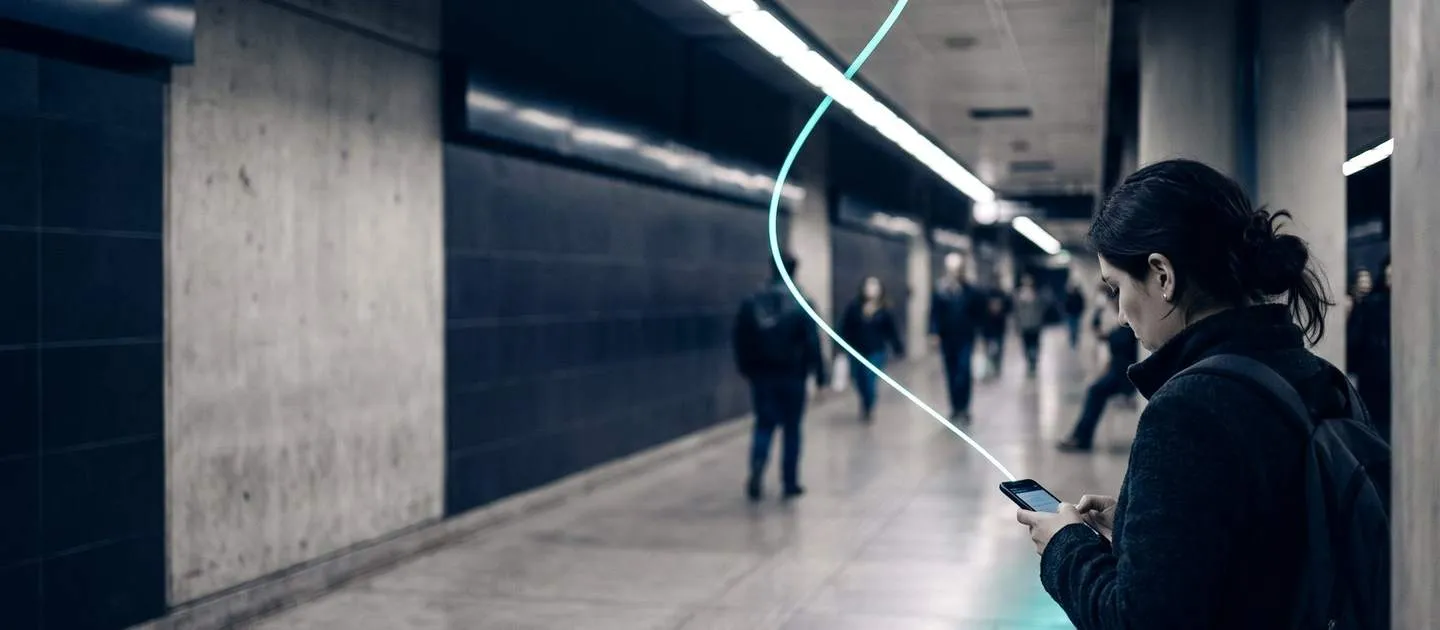 Persona en un pasillo del metro mira su teléfono; un hilo de luz llega al equipo
